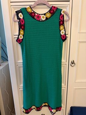 Green Sleeveless Crochet Dress with Floral Trim